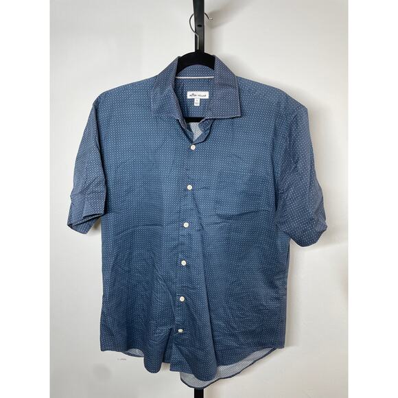 PETER MILLAR Men's Short Sleeve Geometric Crown Shirt Large Dark Blue Pocket - Picture 1 of 7